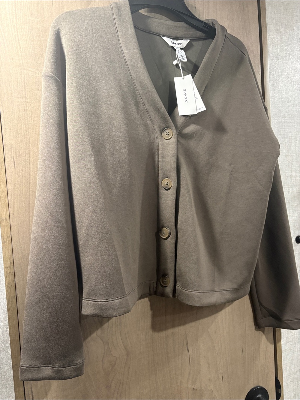SPANX Taupe V-Neck Button Front Cropped Jacket